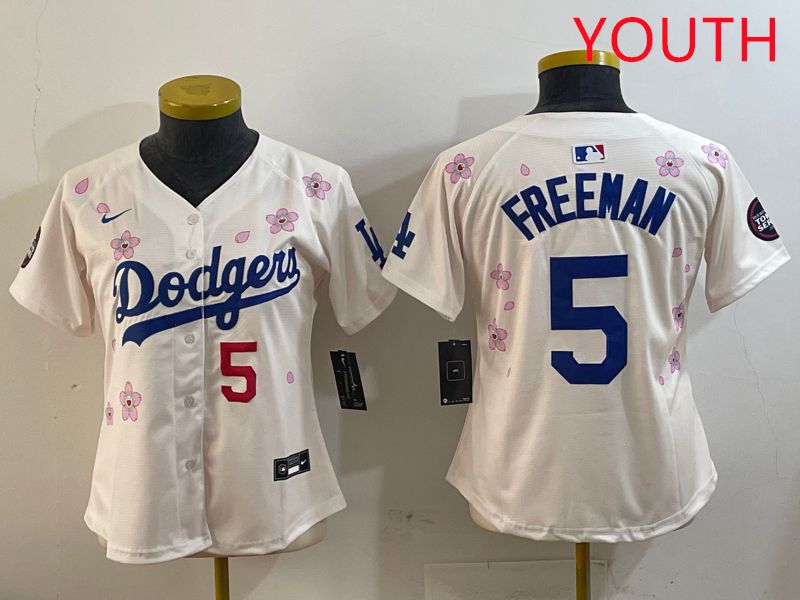 Youth Los Angeles Dodgers #5 Freeman Cream Sakura Edition 2025 Nike MLB Jersey style 7